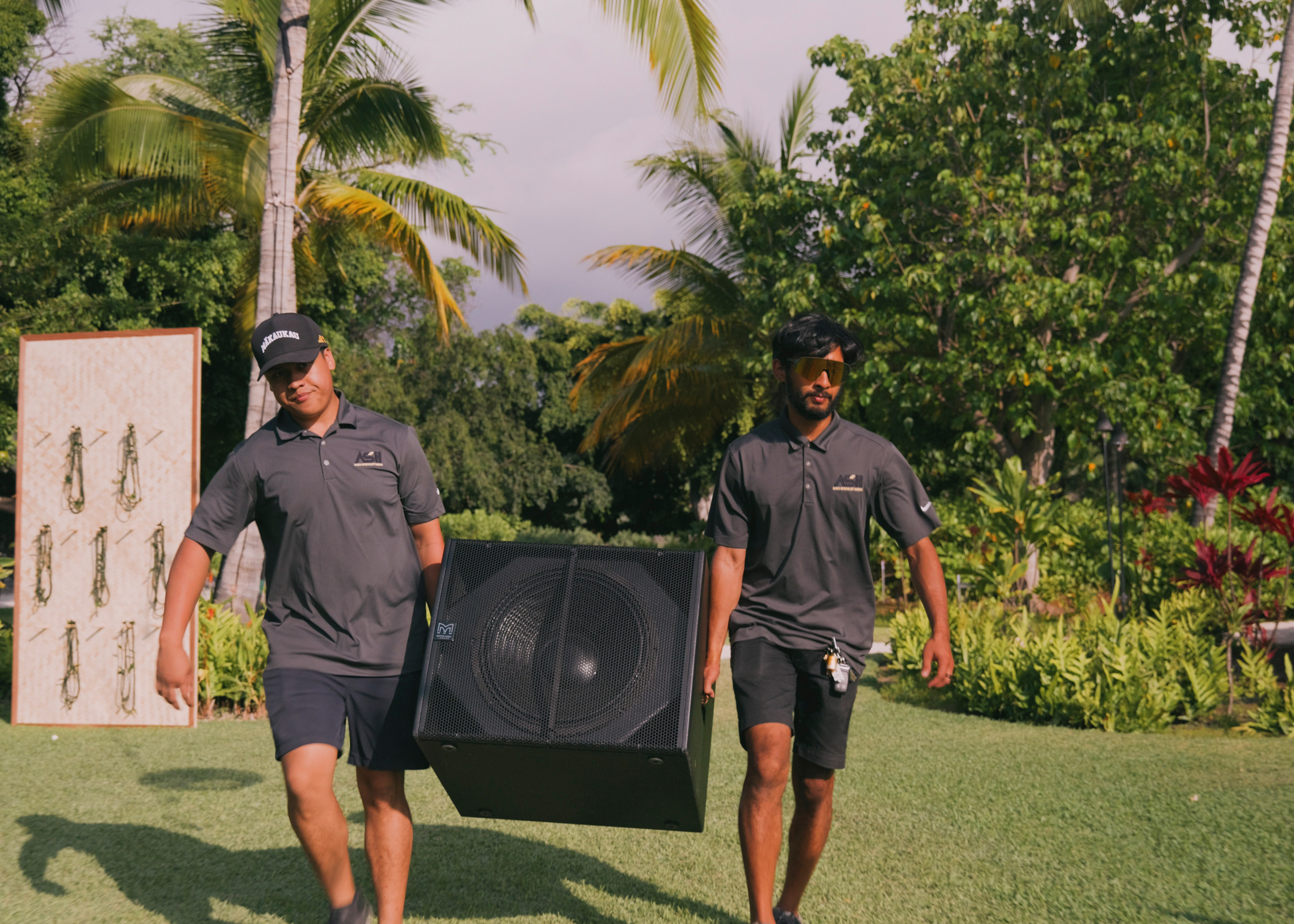 Crew moving professional audio equipment, Audio Specialist Hawaii
